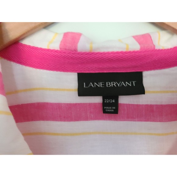 Lane Bryant Linen Cotton Button Up Shirt 22/24 White Pink Yellow Roll-Up Sleeve - Picture 4 of 6